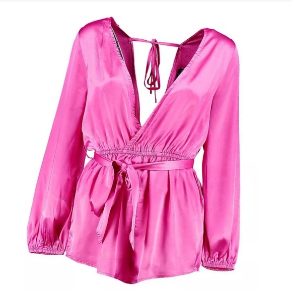 BOOHOO Pink Glossy Satin Playsuit Romper cover-up - Picture 4 of 4